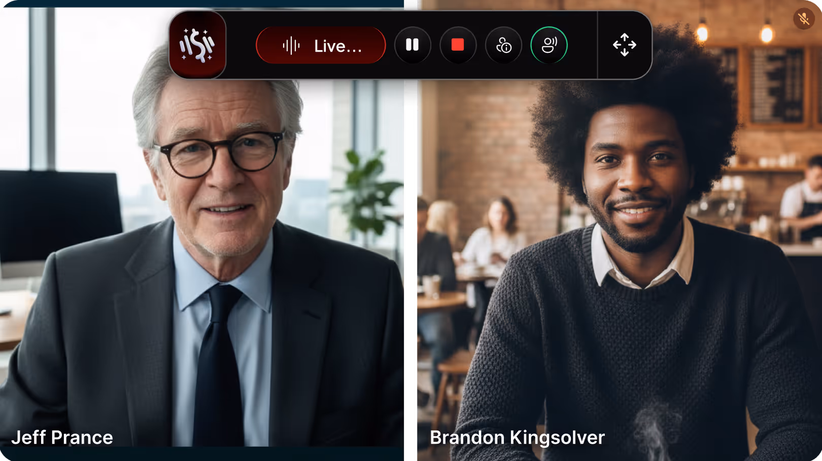 Video call screenshot showing two men: an older man in glasses and a suit on the left, and a younger man with an afro wearing a dark sweater on the right.