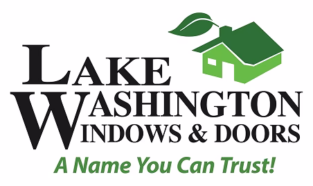 Logo of Lake Washington Windows & Doors with a green house and leaf graphic and the slogan 'A Name You Can Trust!'