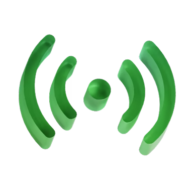 Green 3D wireless signal icon with a central dot and curved bars on each side.