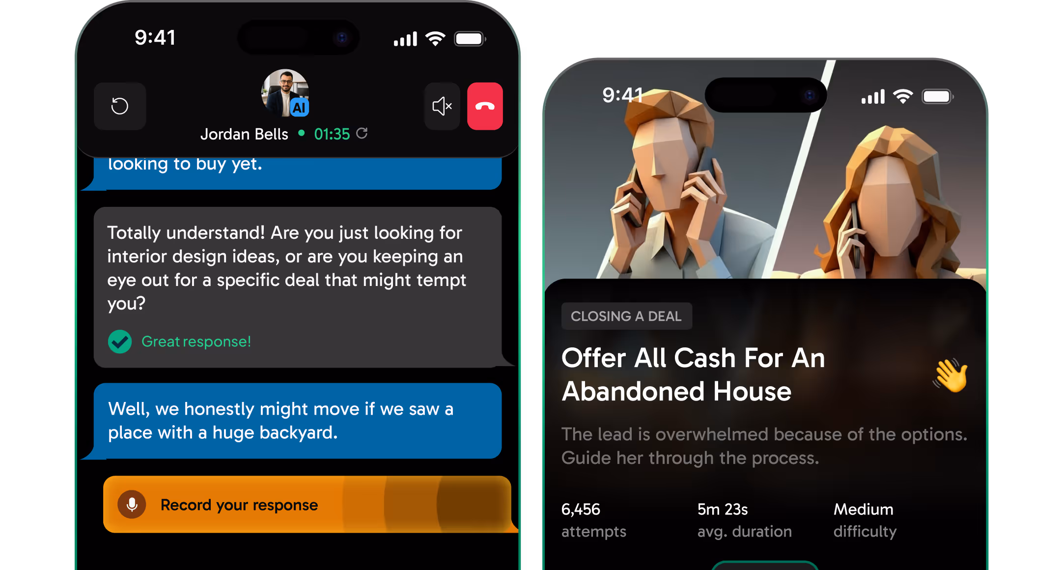 Two smartphones showing a conversation with Jordan Bells on a call and a scenario card titled 'Offer All Cash For An Abandoned House' with stats on attempts, average duration, and difficulty.