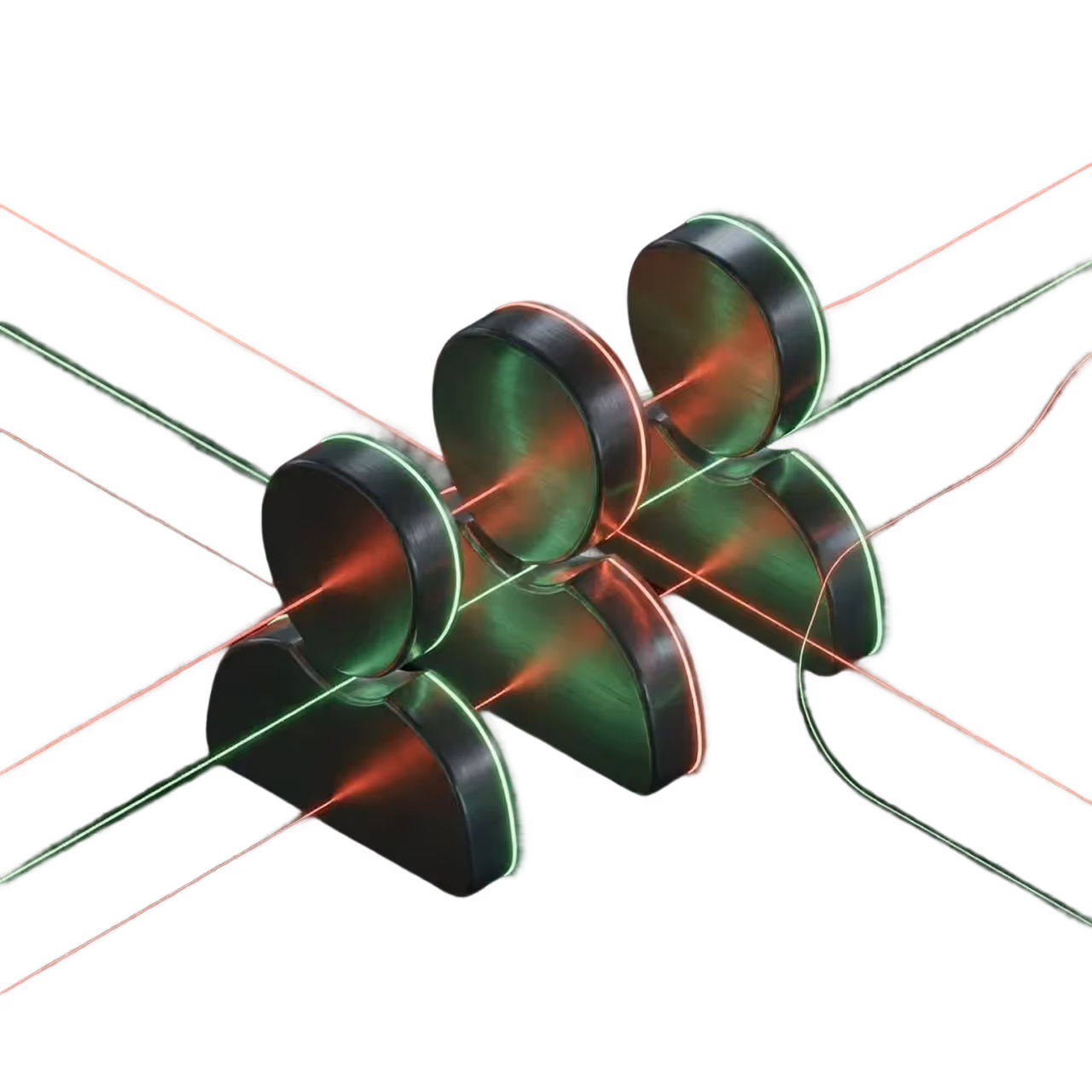 A group of green and red lights on a black background.