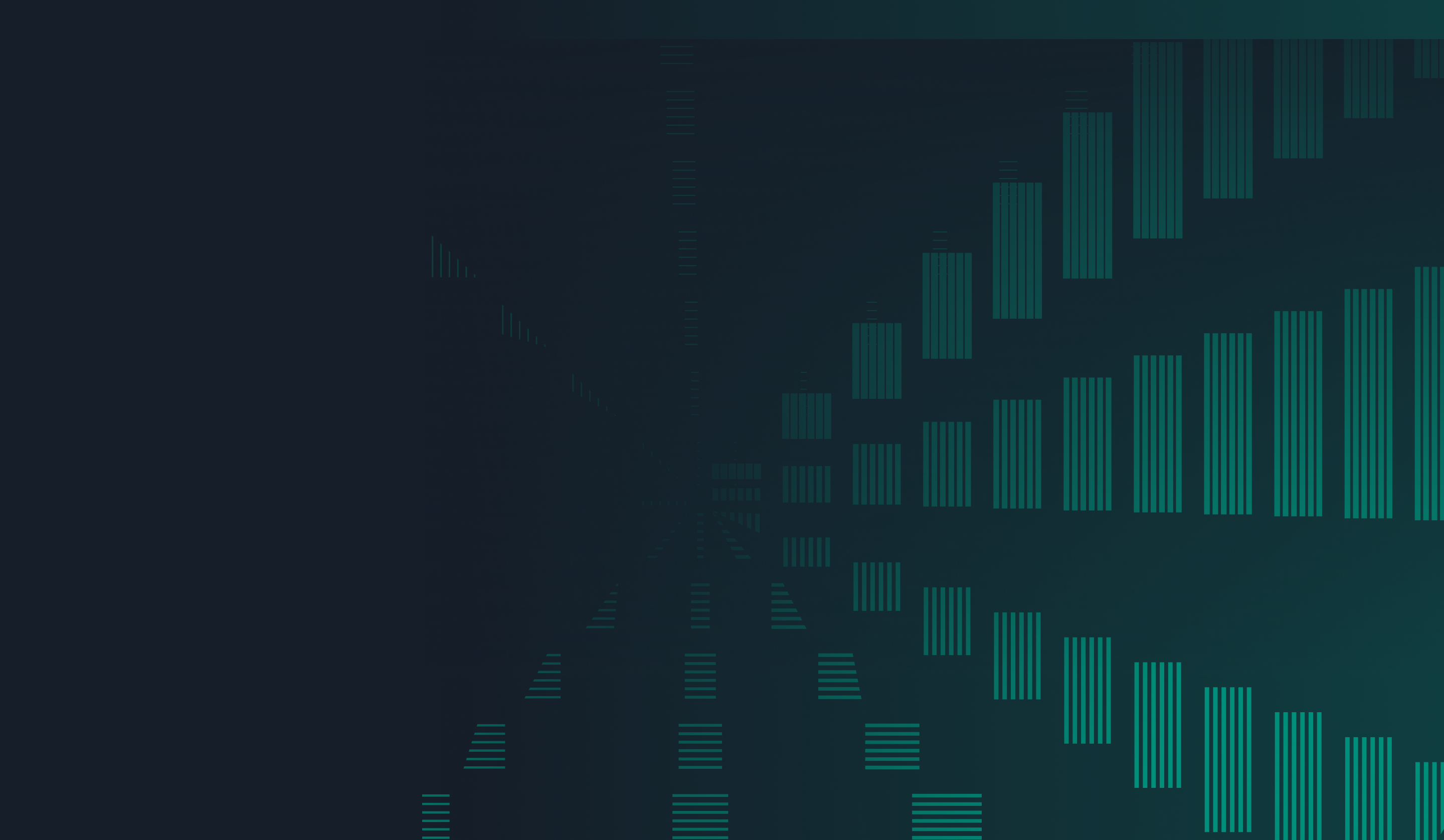 Dark gradient background with a pattern of teal vertical bars arranged in a spiral tunnel effect.