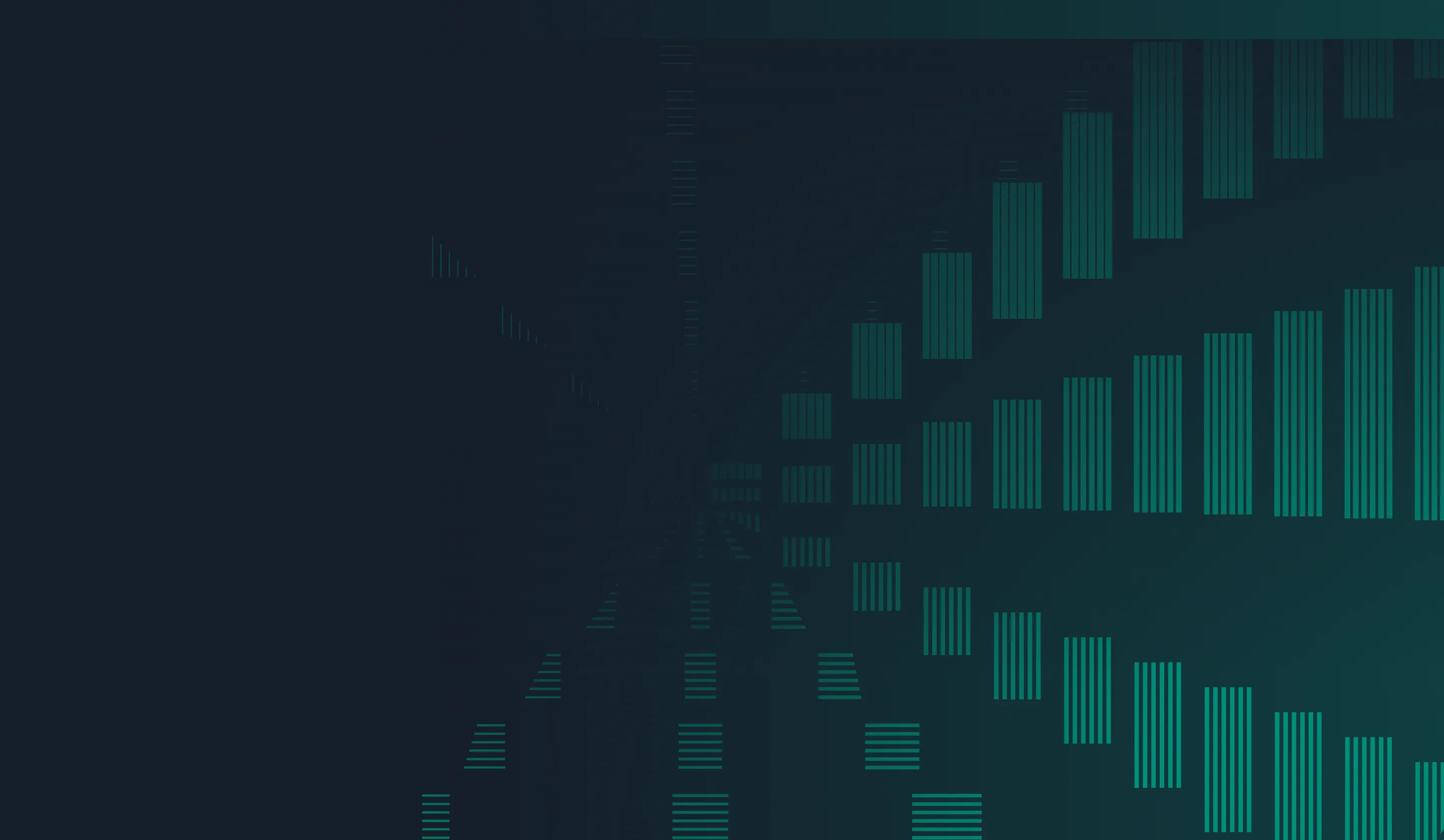 Dark gradient background with a pattern of teal vertical bars arranged in a spiral tunnel effect.