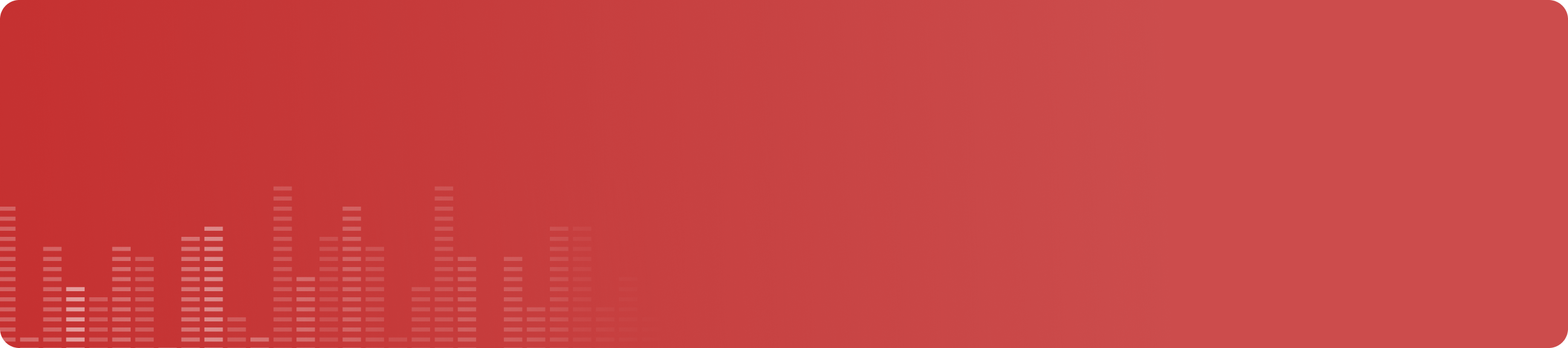 Red rectangular banner with rounded corners and a pattern of vertical bars resembling an equalizer on the lower left side.