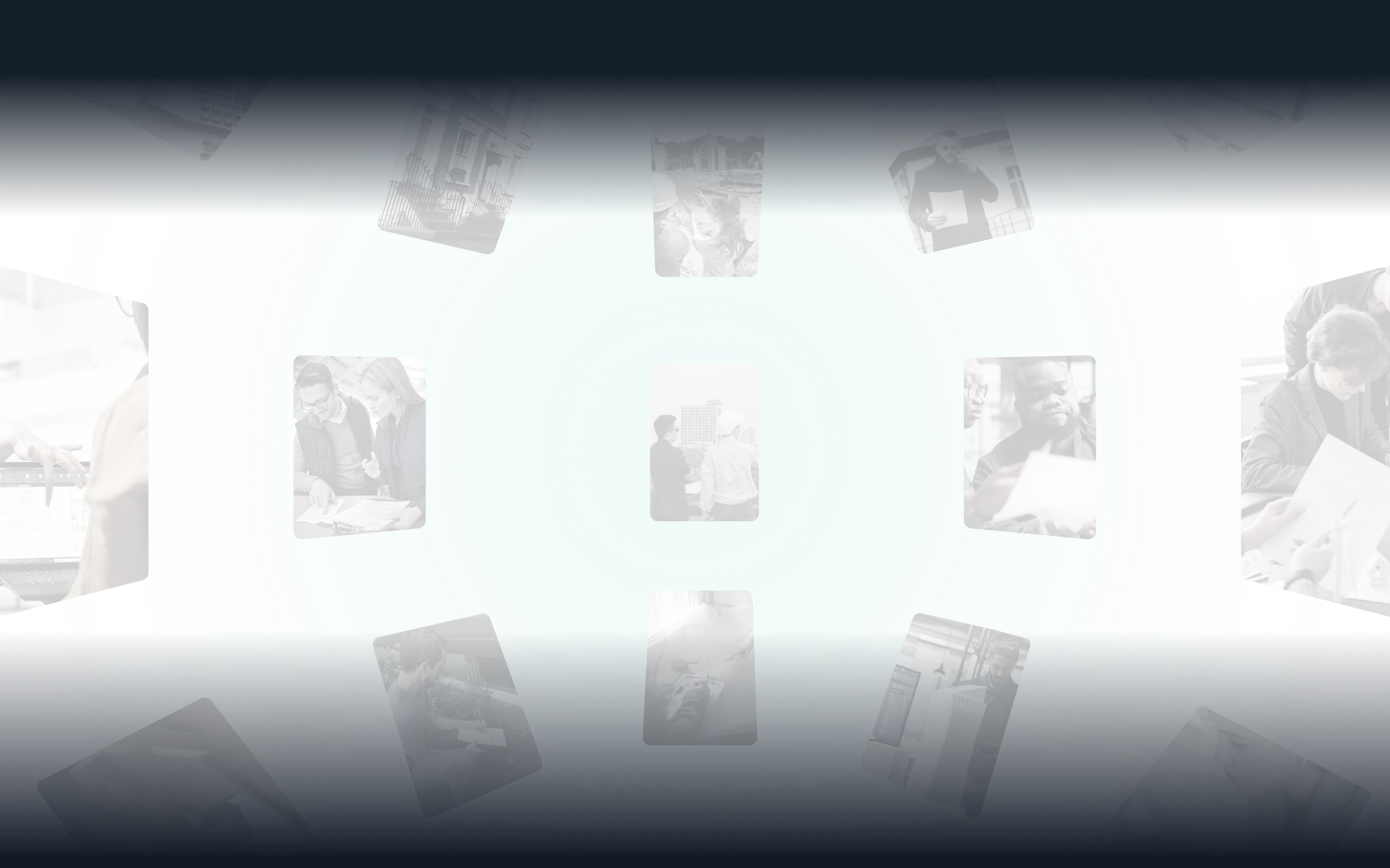 Collage of diverse professionals collaborating on architectural and construction projects around a green circular ripple background.