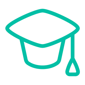 Simple teal outline icon of a graduation cap with tassel.