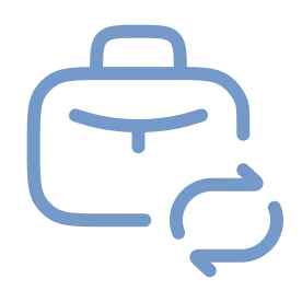 Blue briefcase icon with two arrows forming a circular loop representing job change or career transition.