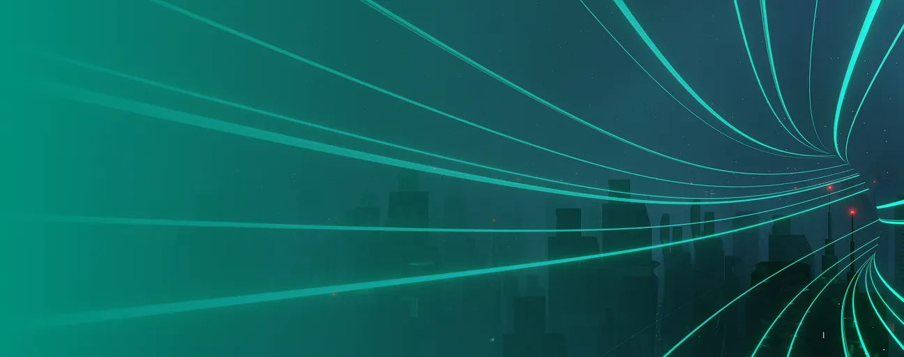 Futuristic city skyline with glowing teal light trails curving across a dark sky.
