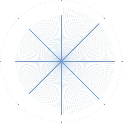 Symmetrical circular radial pattern composed of light blue evenly spaced lines and dots on a black background.