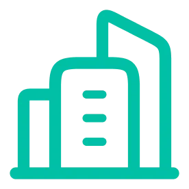 Icon of three stylized city buildings with one tall structure behind two shorter ones.