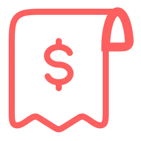 Red icon of a receipt with a dollar sign in the center.