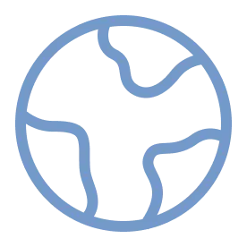 Simplified blue line icon representing the Earth with continents.