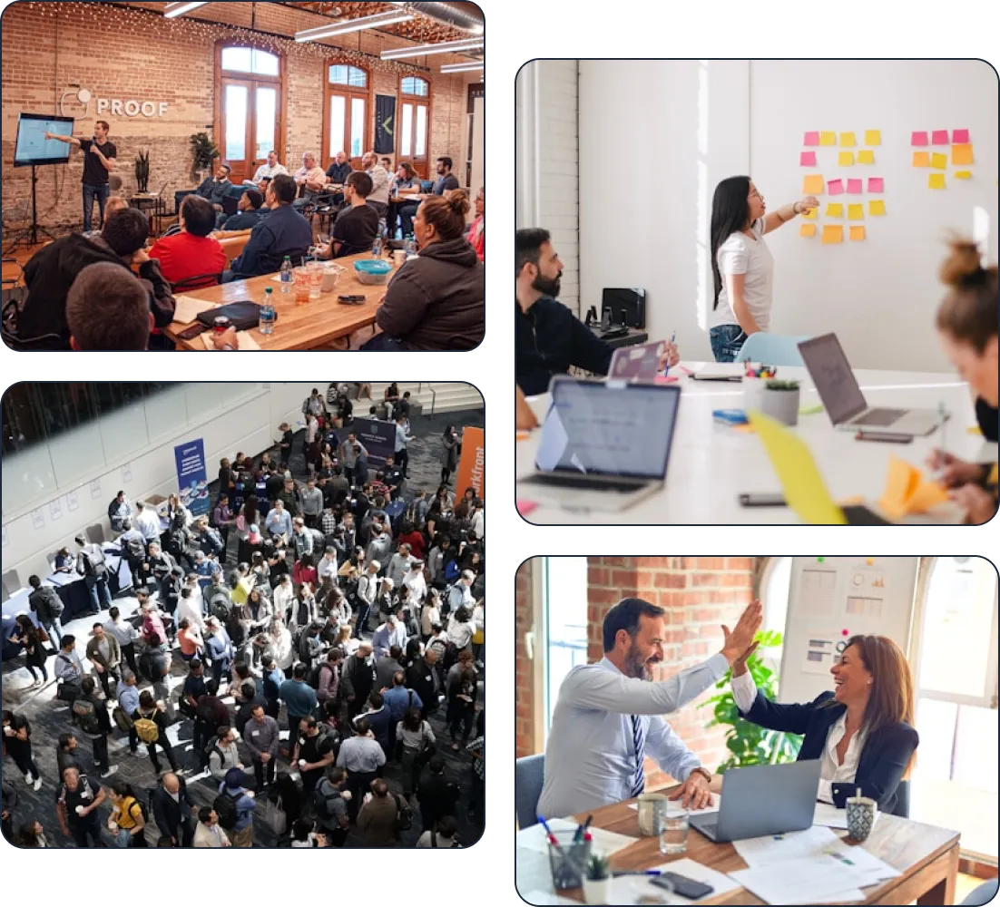 Collage of four images showing professional settings: a presenter speaking to an audience in a conference room, a woman arranging sticky notes on a wall while colleagues work on laptops, a large crowd networking at a conference venue, and two colleagues sharing a high-five over a desk with a laptop and documents.