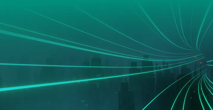 Futuristic cityscape with illuminated skyscrapers and glowing turquoise light trails curving through the scene.