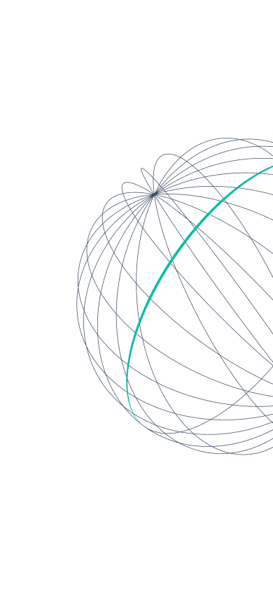 Abstract 3D wireframe globe in dark blue lines with one turquoise arc on a black background.