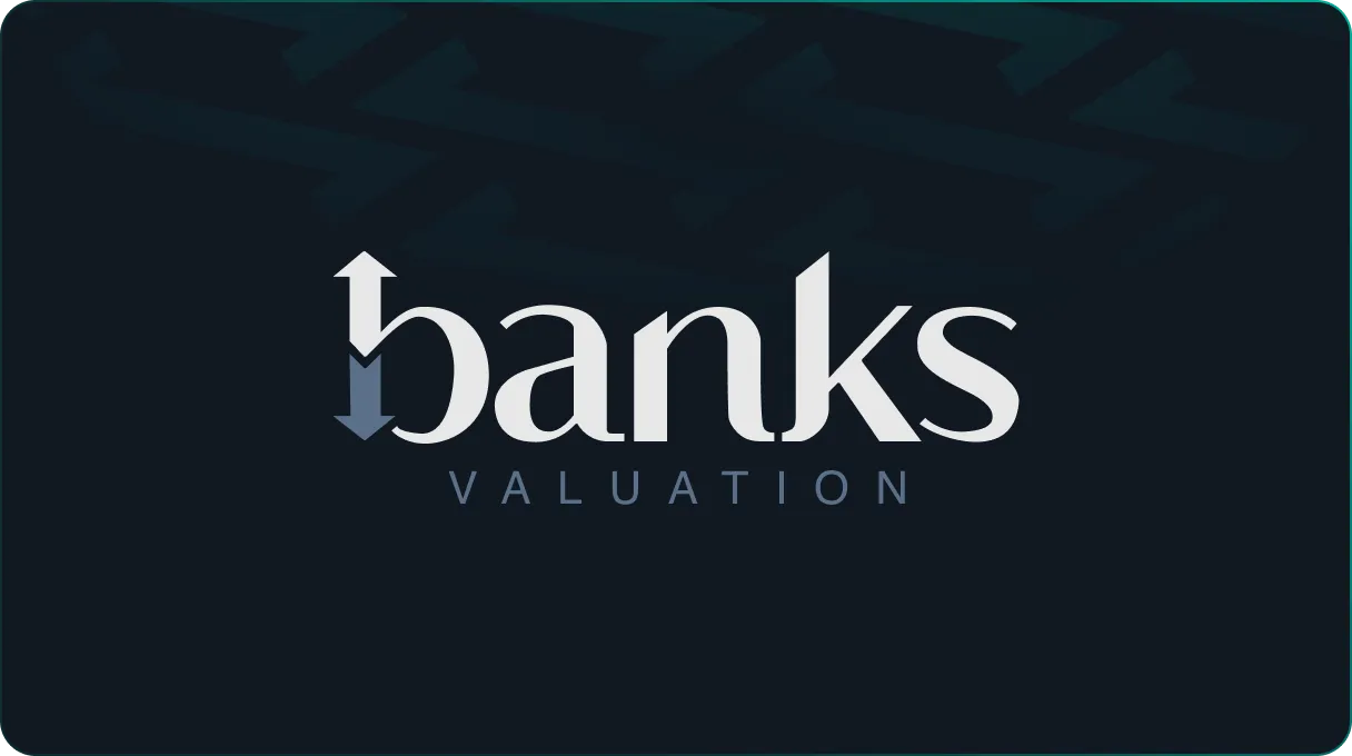 Banks Valuation logo with stylized letter b featuring up and down arrows.