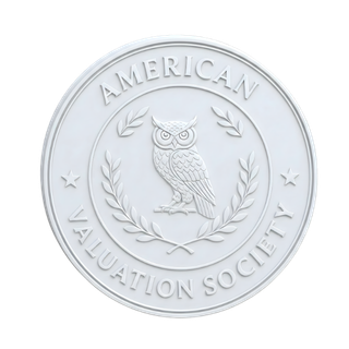 White embossed seal of the American Valuation Society featuring an owl surrounded by laurel branches and stars.