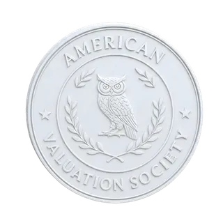 White embossed seal of the American Valuation Society featuring an owl surrounded by laurel branches and stars.