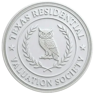 Seal with an owl in the center surrounded by laurel branches and the text 'Texas Residential Valuation Society' encircling the design.
