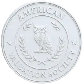 White embossed seal of the American Valuation Society featuring an owl surrounded by laurel branches and stars.