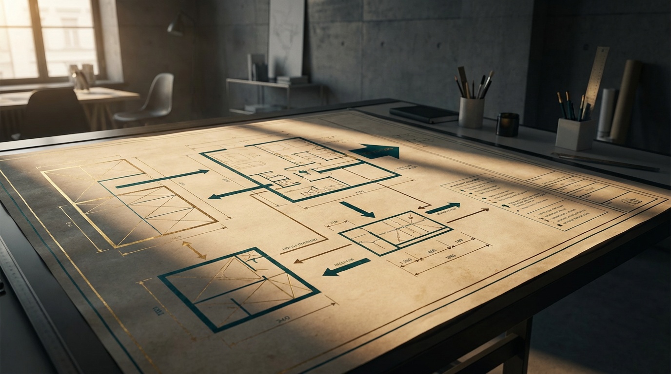 Geometric architectural blueprint showing information hierarchy and pathways