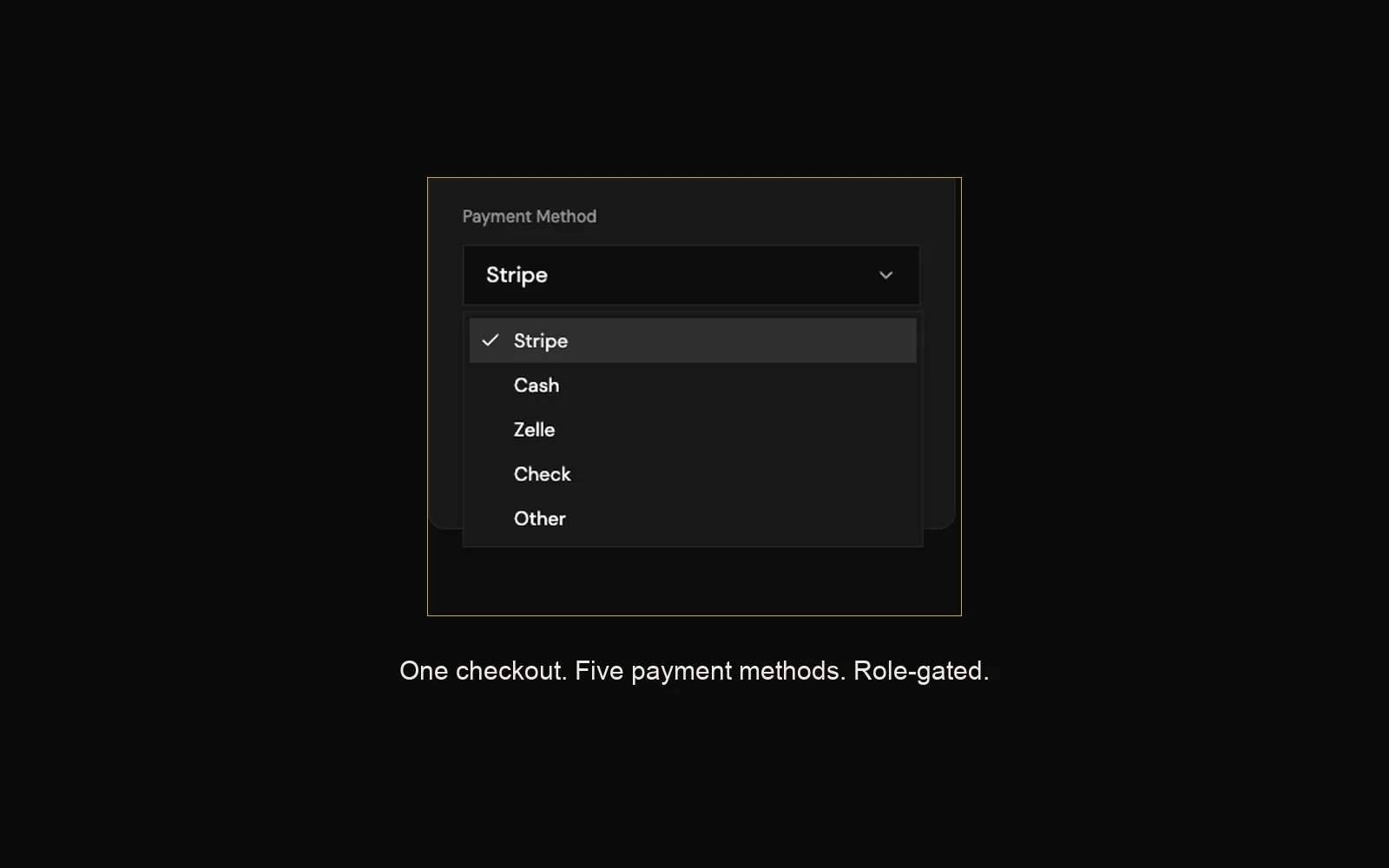 Admin booking checkout with a payment method dropdown for Stripe Cash Zelle Check or Other