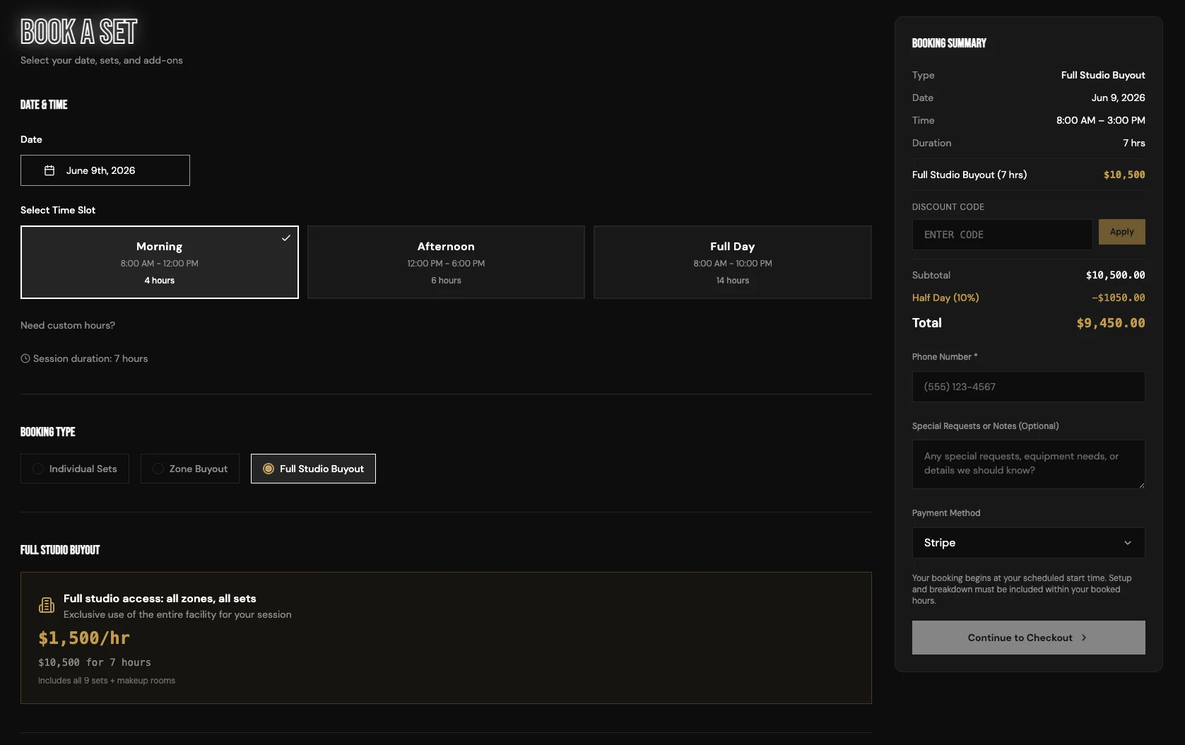 Booking screen showing studio buyout options with live pricing and an applied discount
