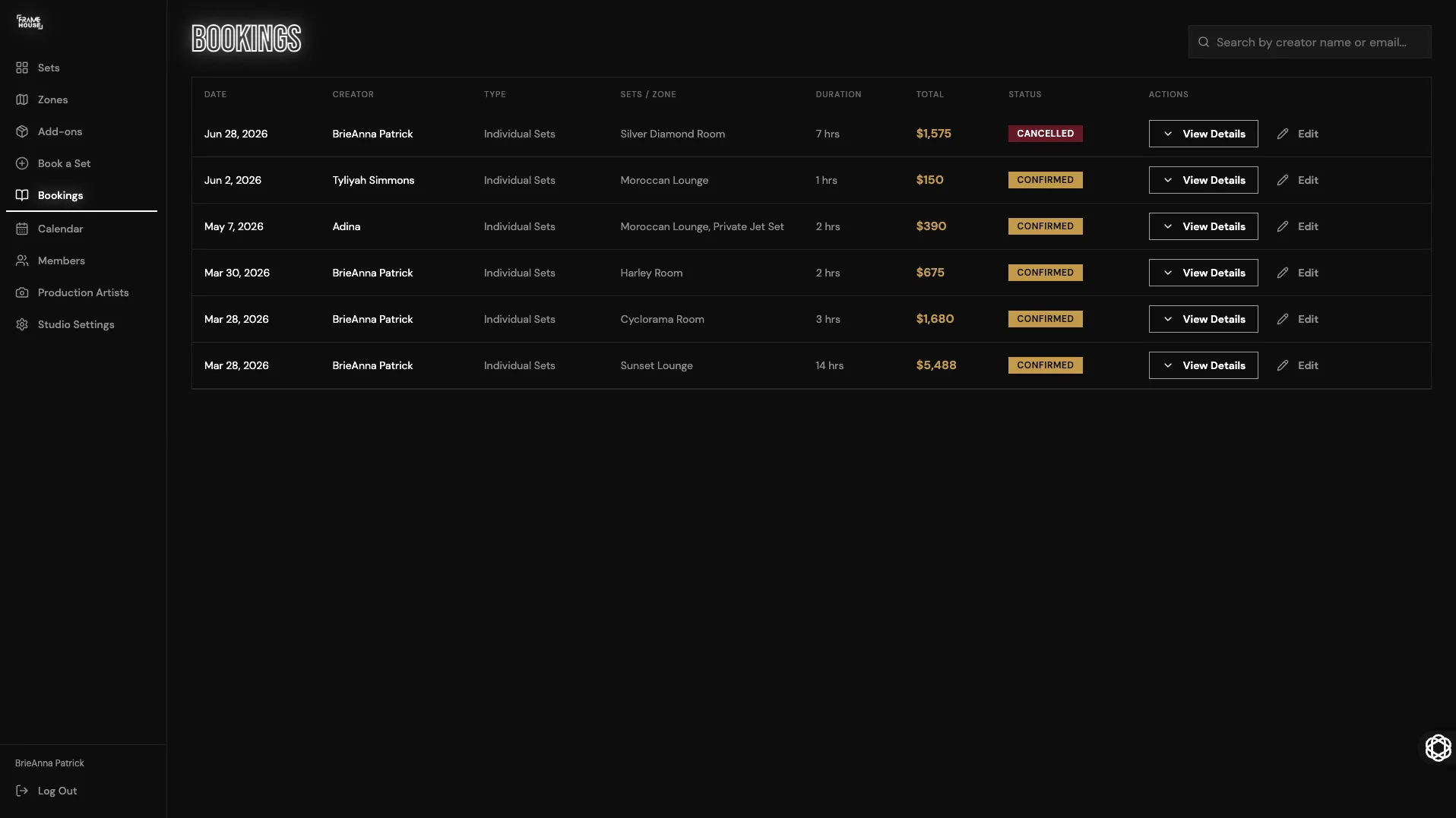 Frame House Reserve admin dashboard showing live bookings with confirmed and cancelled states