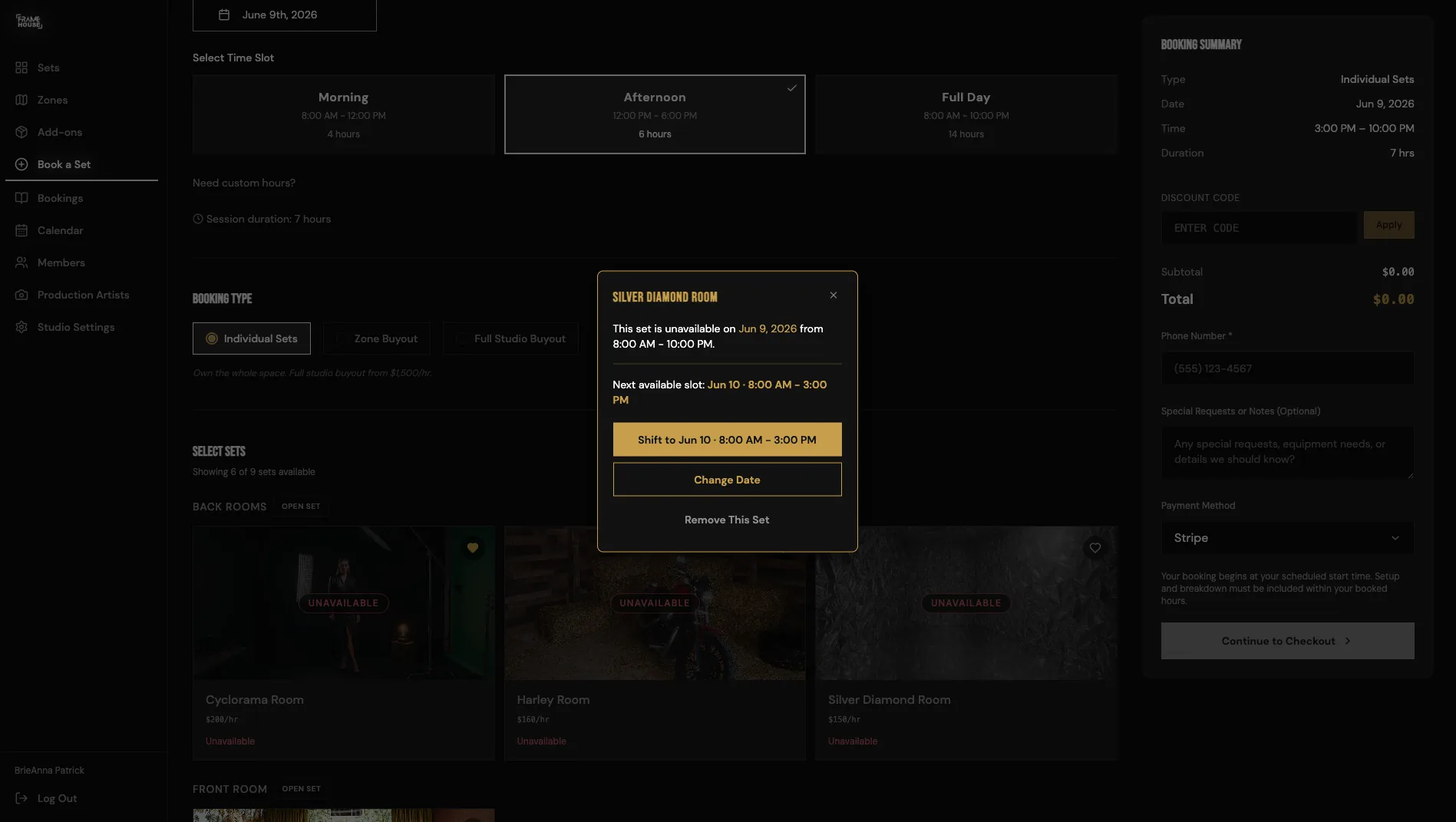 Booking conflict resolution showing a set unavailable on a date with the next available slot offered