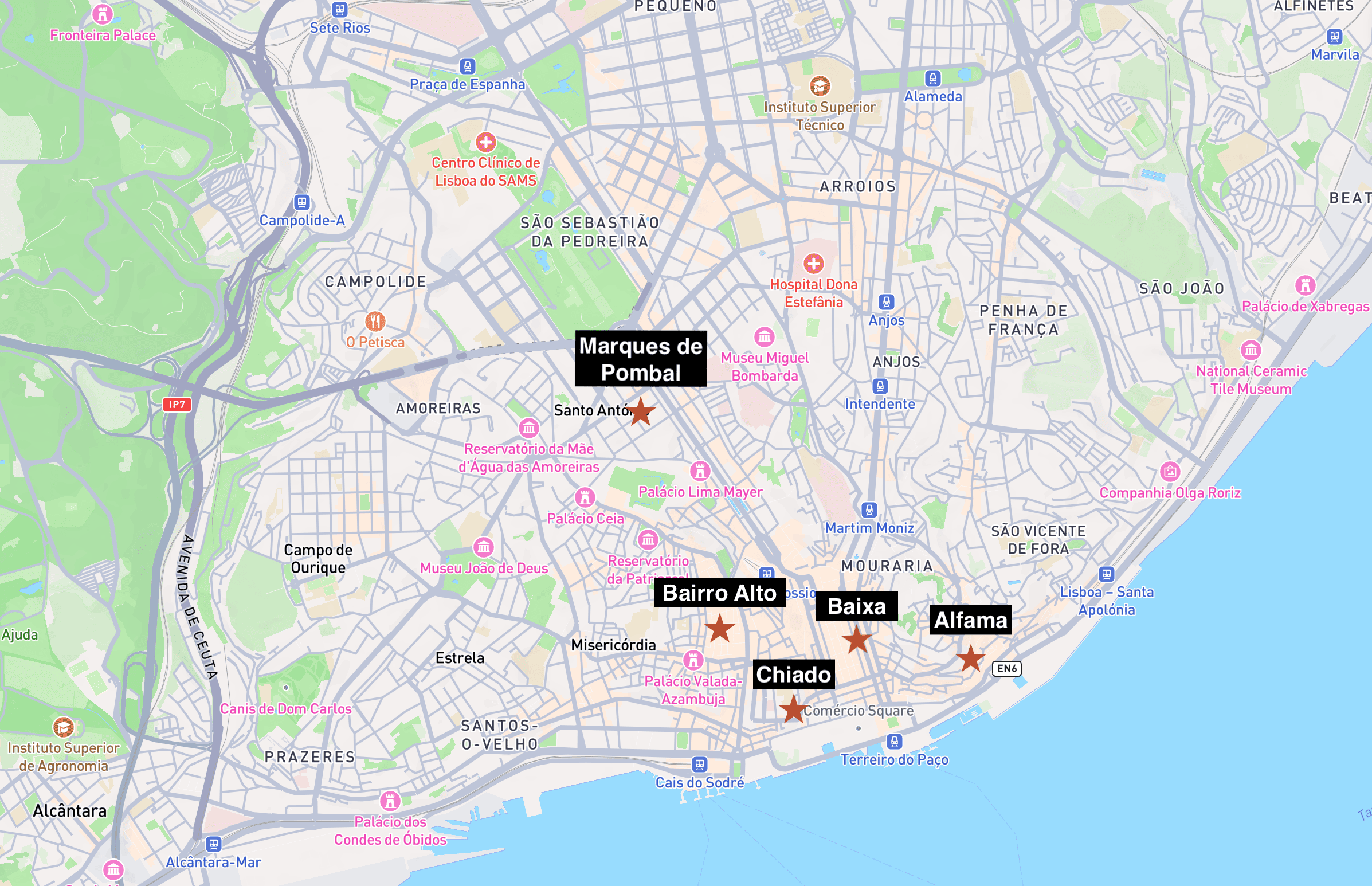 Carte des quartiers où dormir à Lisbonne