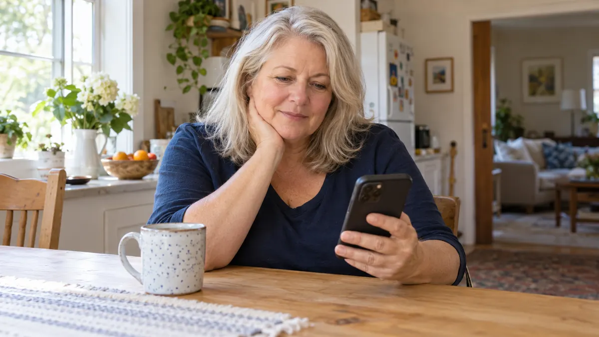 An older woman reading on her phone at her kitchen table