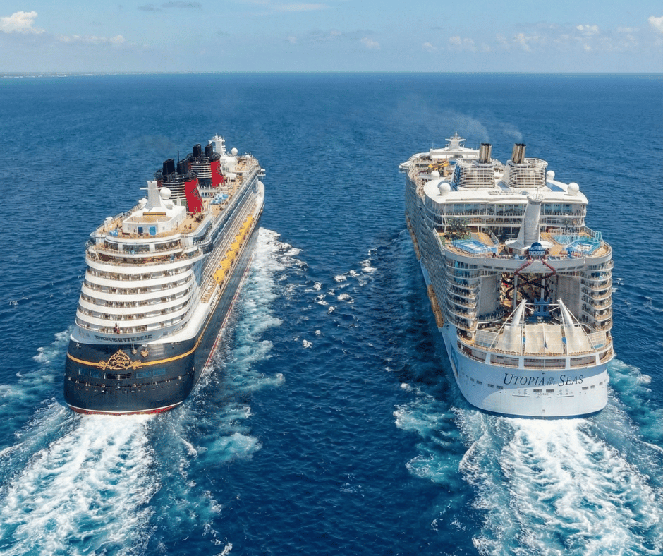 Disney Cruise Line vs Royal Caribbean ships docked at Port Canaveral, Florida.