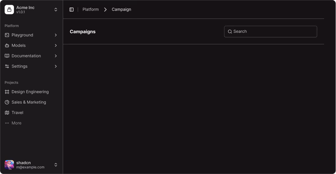 User interface dashboard of Acme Inc software showing navigation menu with Platform and Projects sections, and an empty Campaigns page with a search bar.