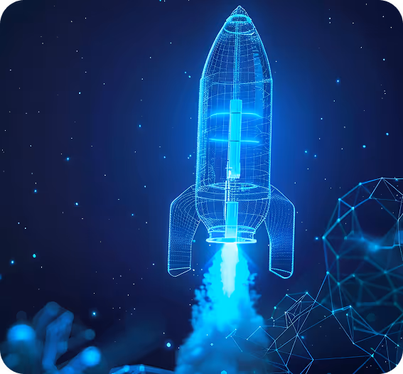 Blue digital wireframe rocket launching with glowing thruster flames against a dark starry background.