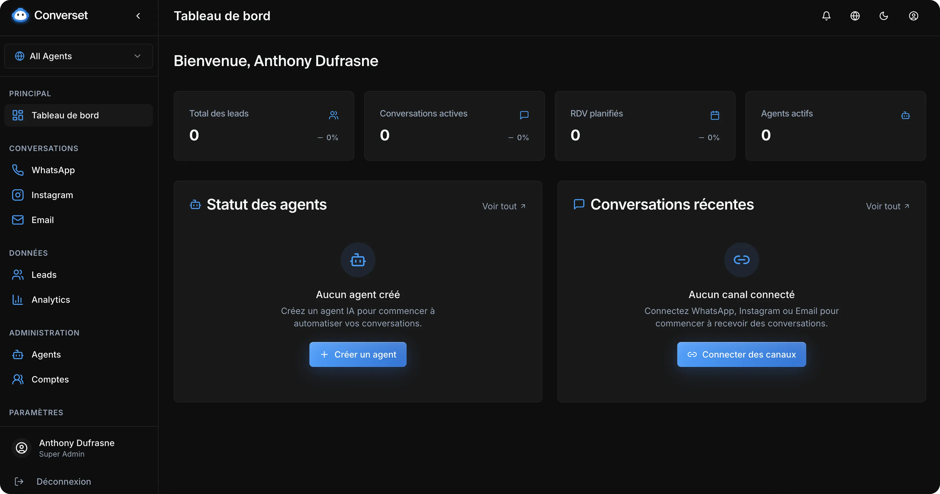 Tableau de bord Converset affichant zéro leads, conversations actives, RDV planifiés et agents actifs, avec options pour créer un agent IA et connecter des canaux.