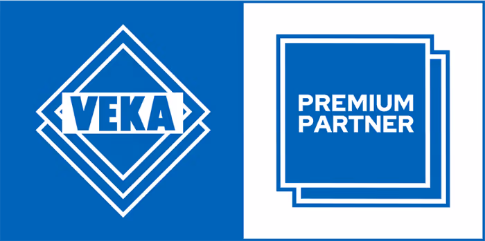 VEKA logo on blue background and Premium Partner icon with stacked squares on white background.