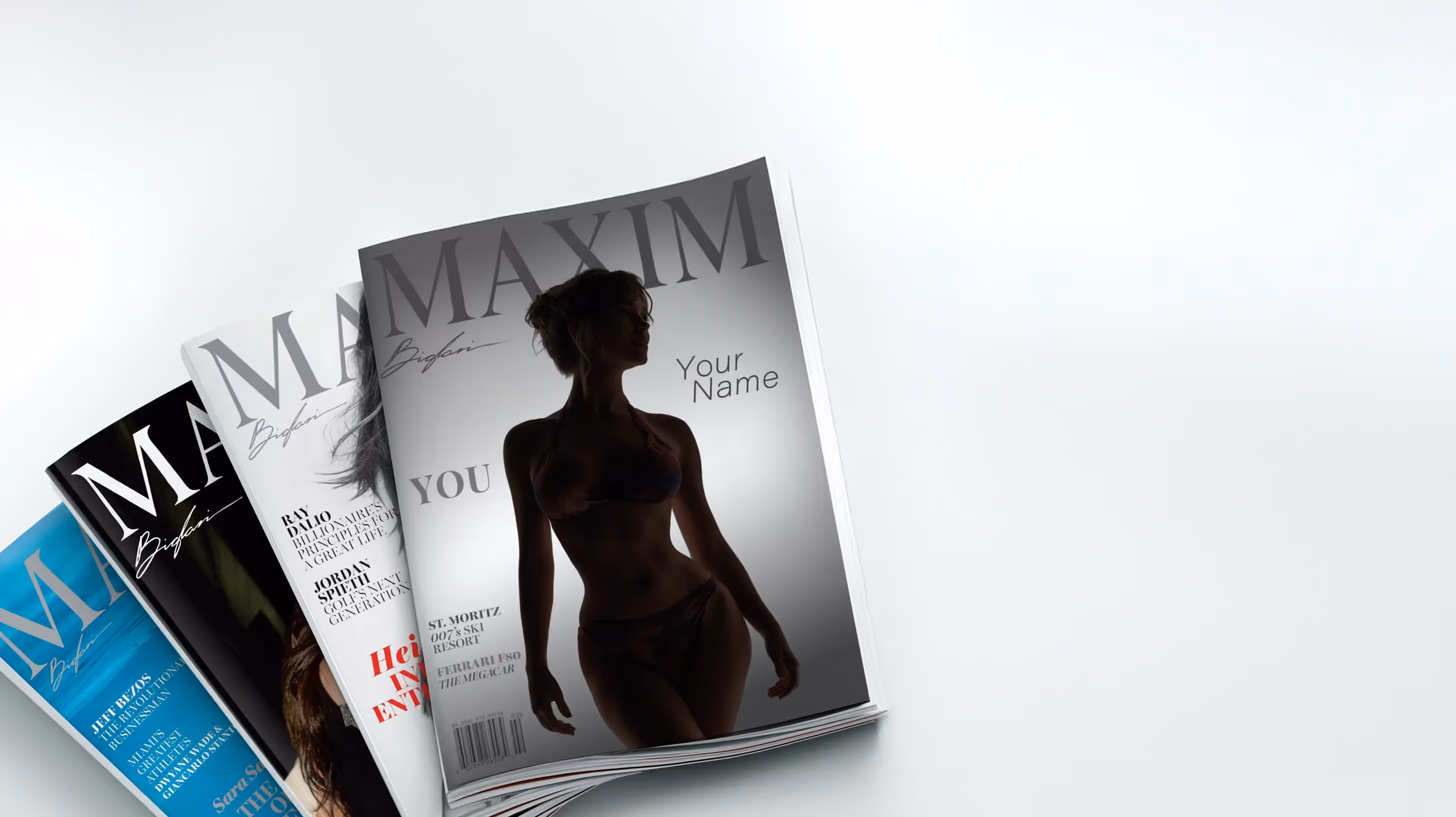 Stack of Maxim magazines with the top cover featuring a silhouette of a woman in a bikini against a white background.