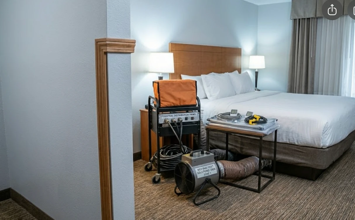 Bed bug heat treatment equipment set up in a bedroom beside the bed