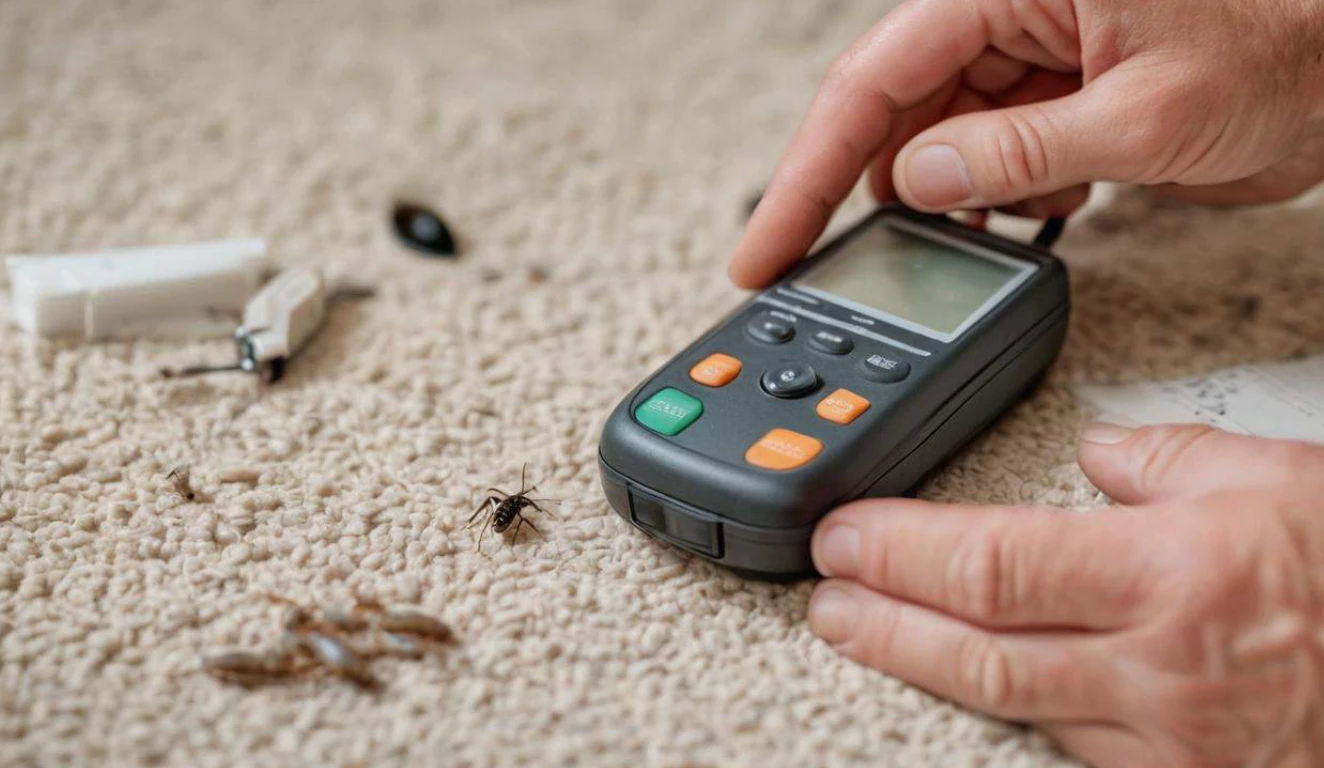Hands holding a remote control above carpet with fleas visible in the fibres