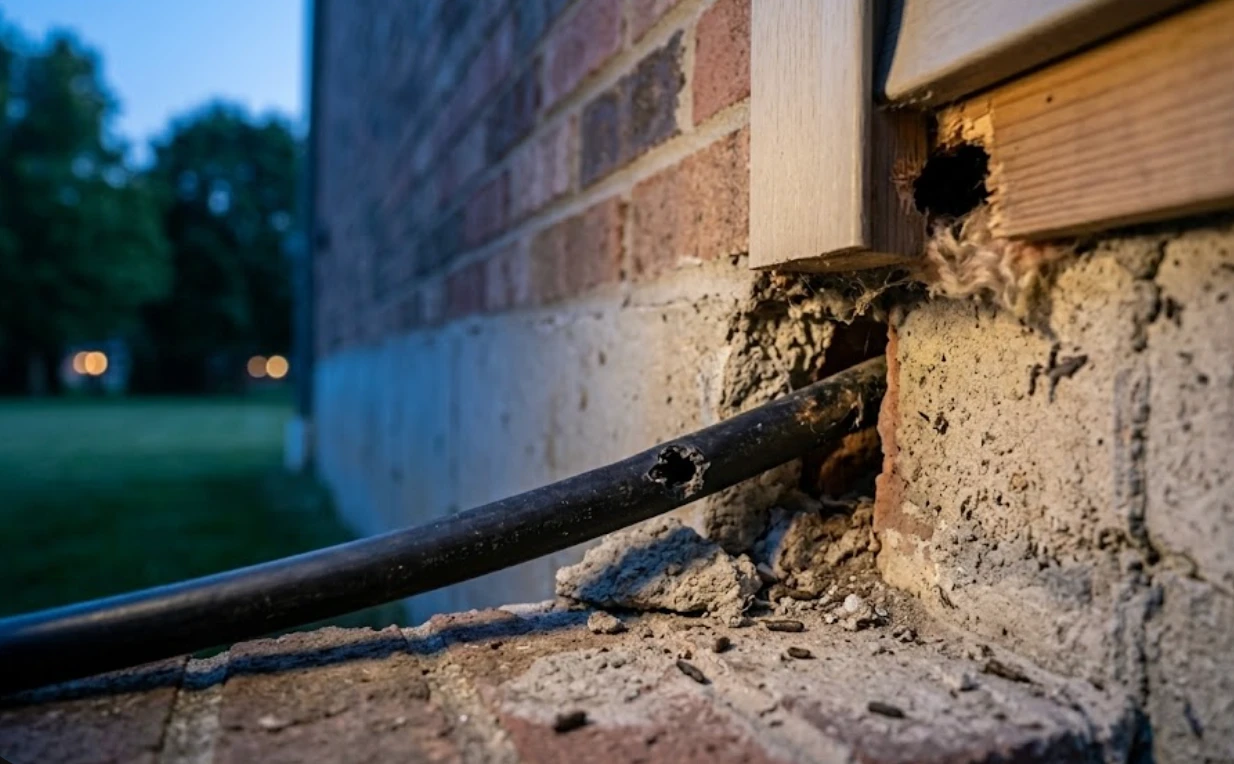 Gap around a pipe entering a brick foundation where mice can get in