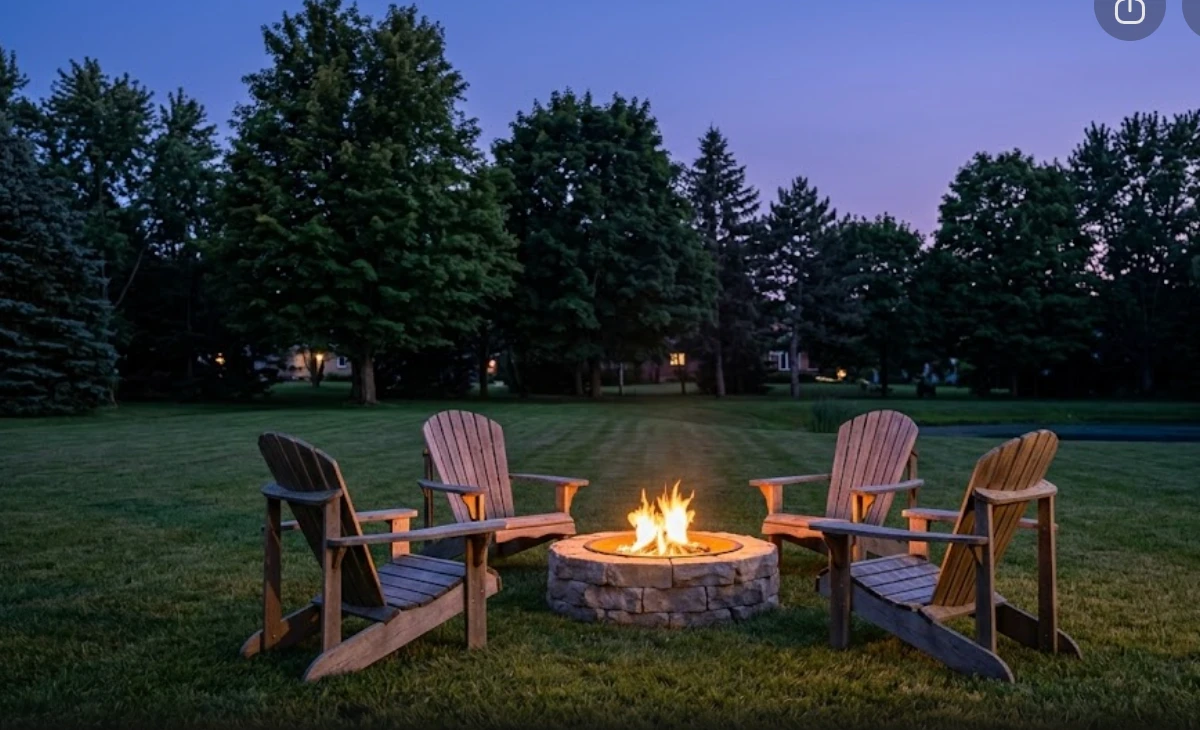 Backyard fire pit with Muskoka chairs on the lawn at dusk