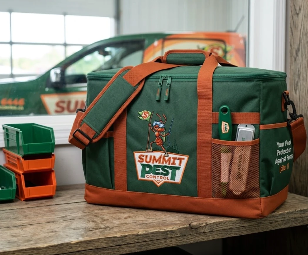 Summit Pest Control branded tool bag ready for a service visit