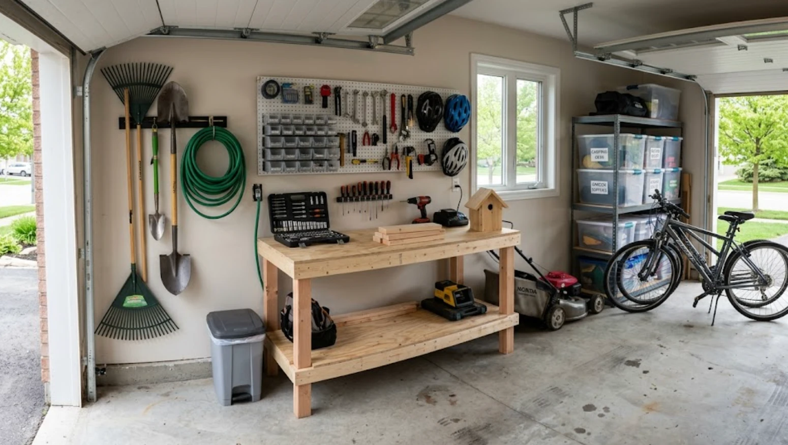 Tidy garage with tools on a pegboard, a workbench, storage bins and a bike