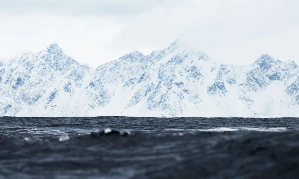 Bergskedja täckt av snö med mörkt hav
