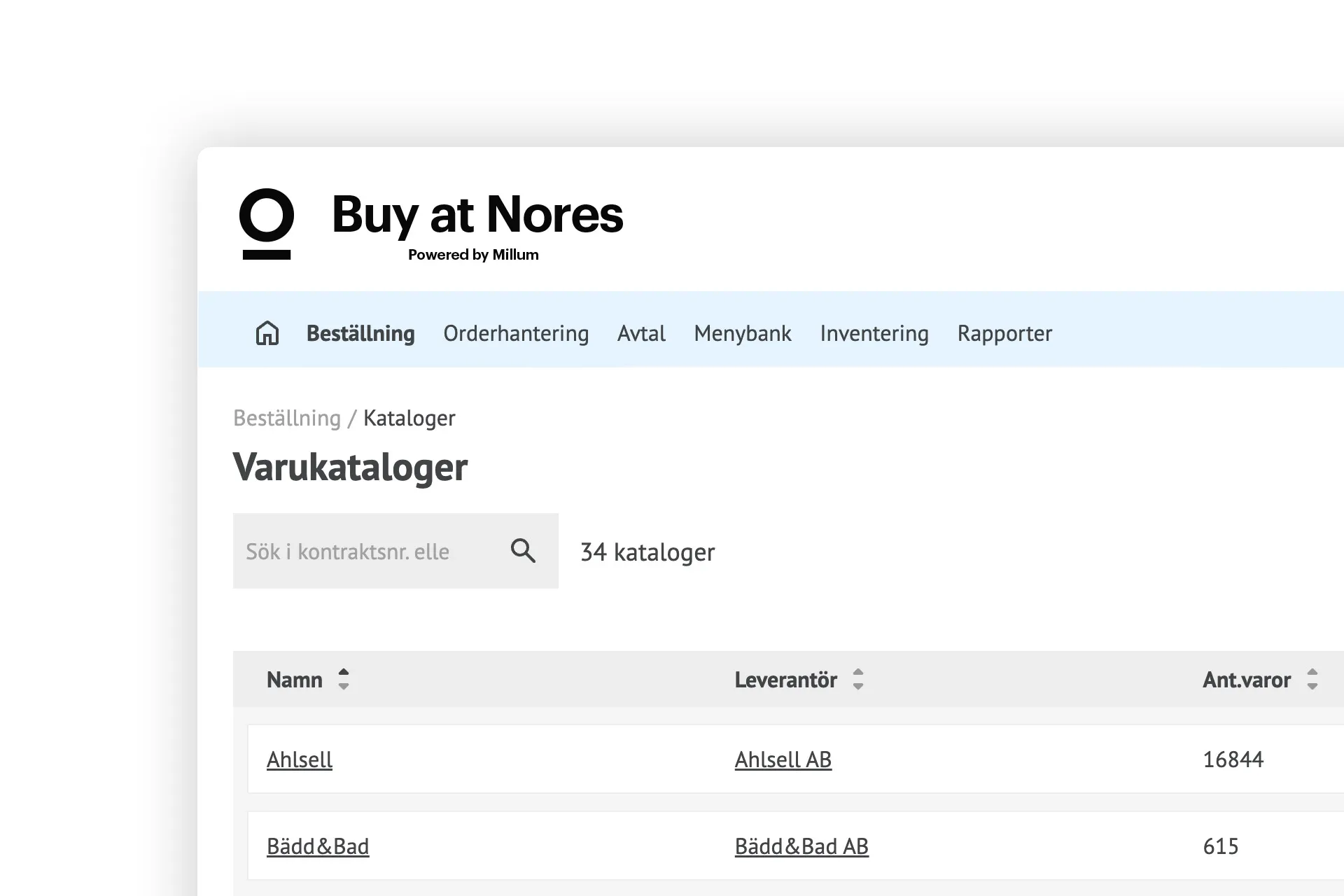 Webbutikens gränssnitt med rubriken "Produktkataloger" som visar en sökruta och en tabell med katalognamn, leverantörer och antal artiklar.