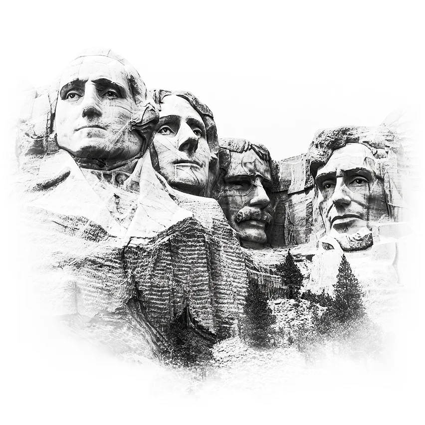 Black and white image of Mount Rushmore National Memorial showing the carved faces of four U.S. presidents.