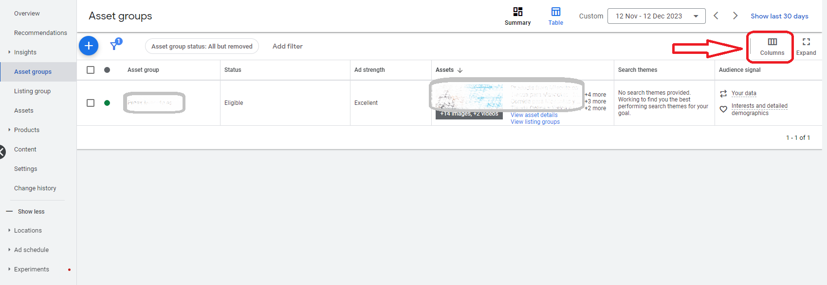 Table View: PMax Asset Performance at Asset Groups Level