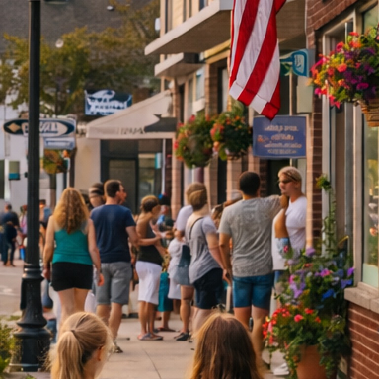 People walking along a small-town main street with shops and flags.