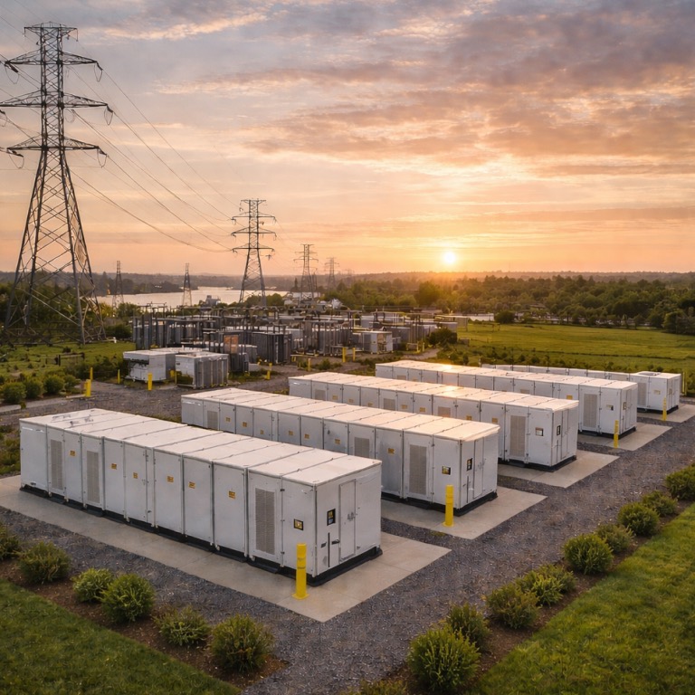 Battery energy storage system cabinets outside.