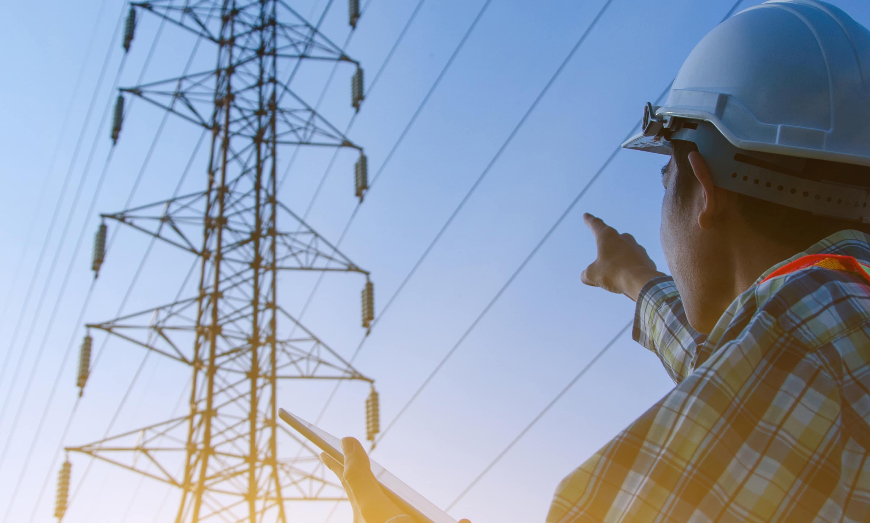 Worker in hard hat pointing toward electrical transmission towers.